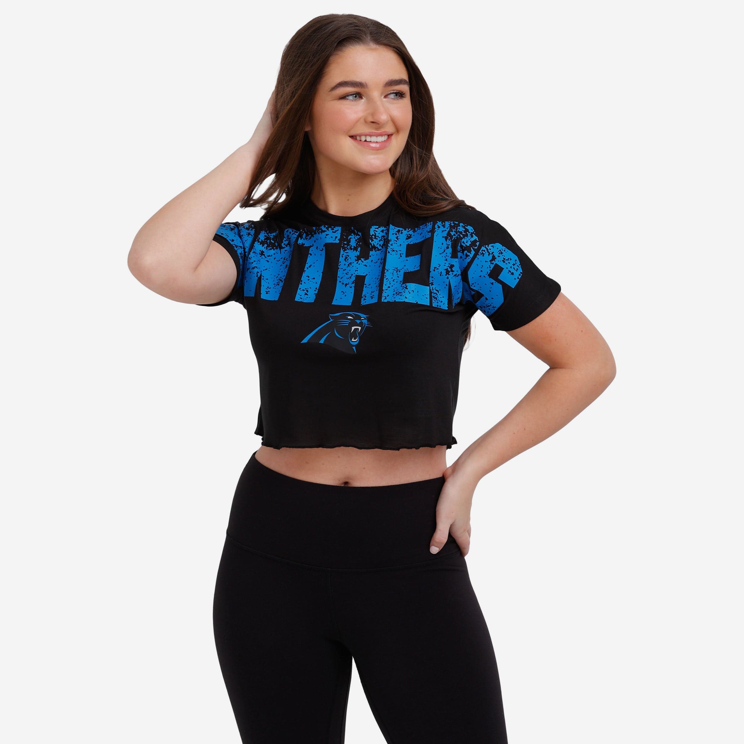 Carolina Panthers Haut court avec mot-symbole en détresse pour femme