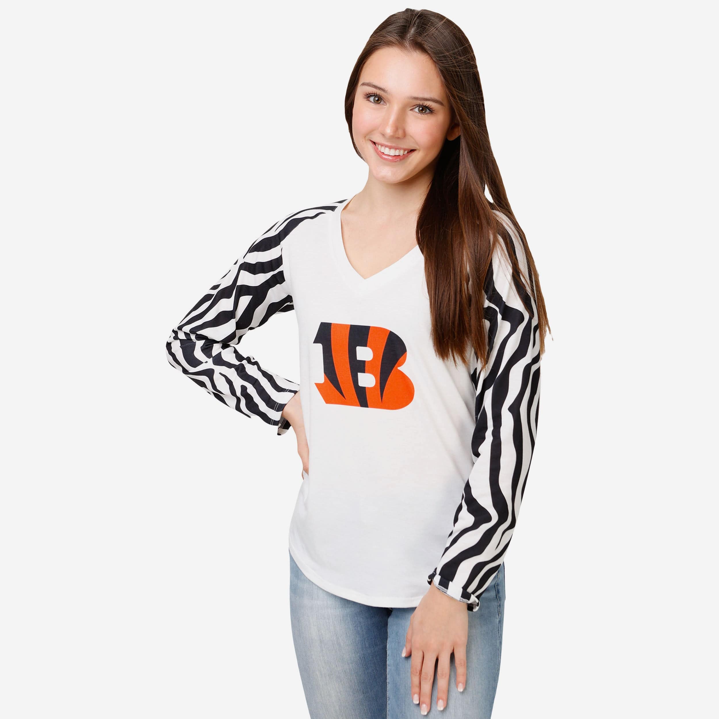 Cincinnati Bengals Chemise raglan à rayures blanches avec grand logo pour femme