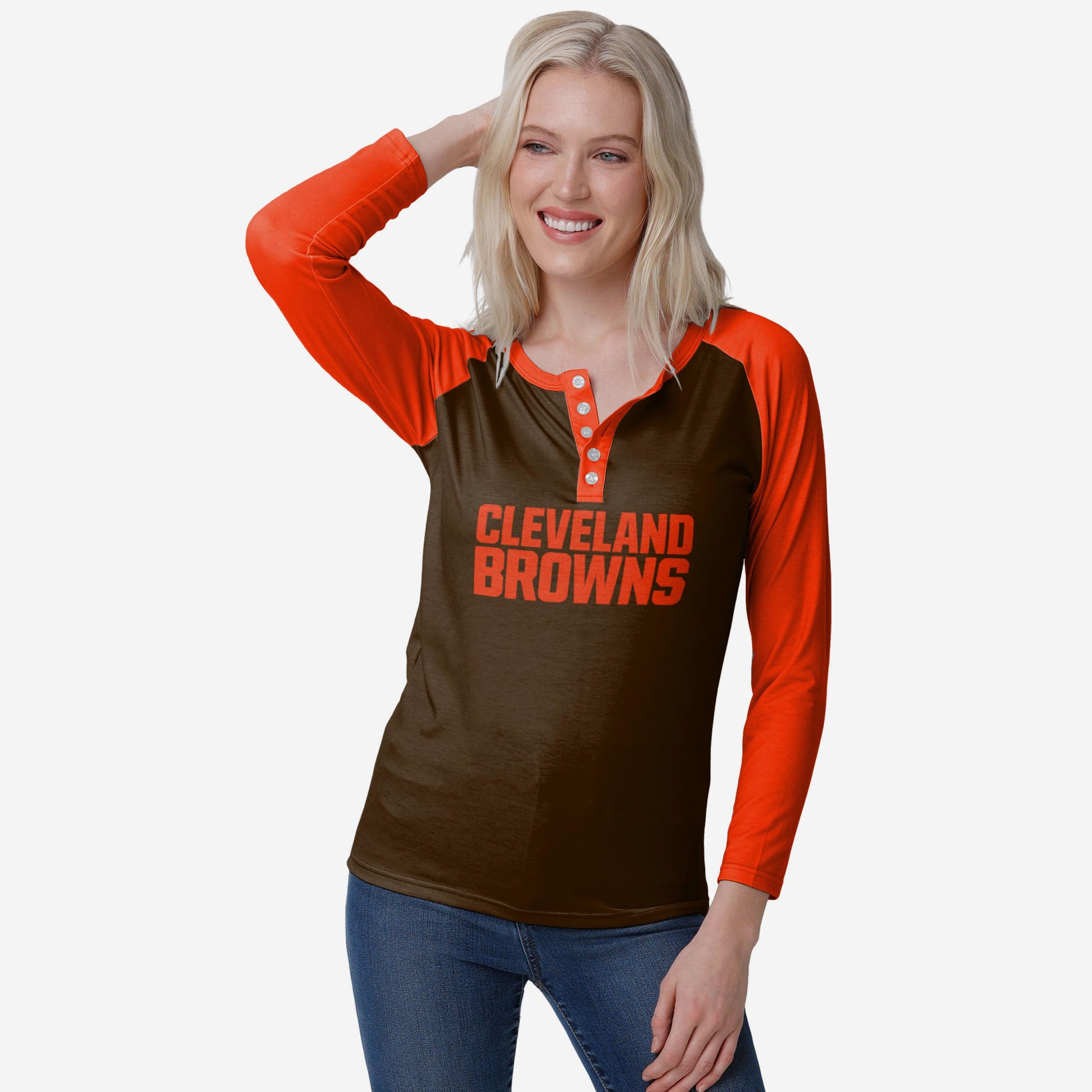 Cleveland Browns Henley à manches longues Big Wordmark pour femme