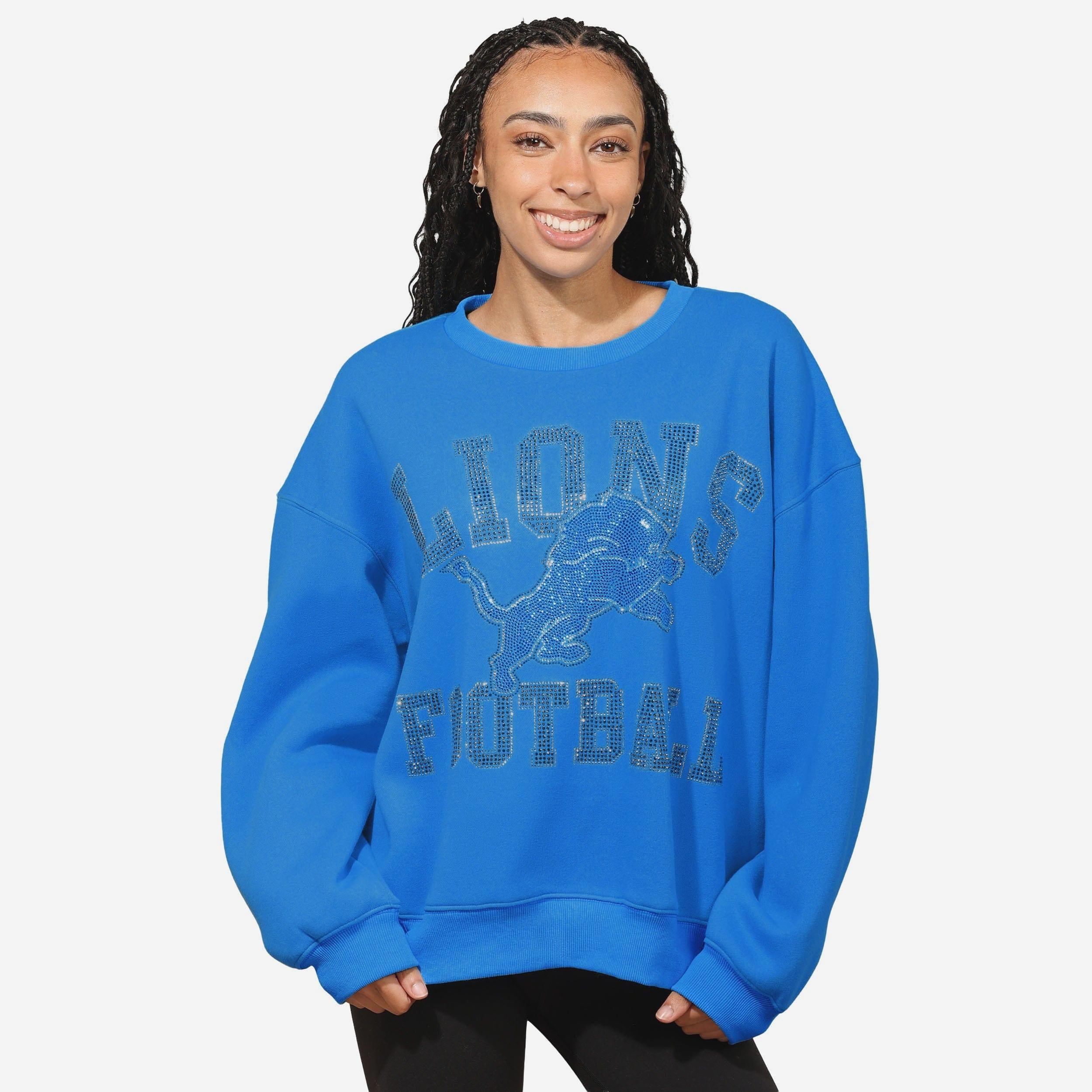 Detroit Lions Sweat-shirt surdimensionné à col rond avec logo strass pour femme