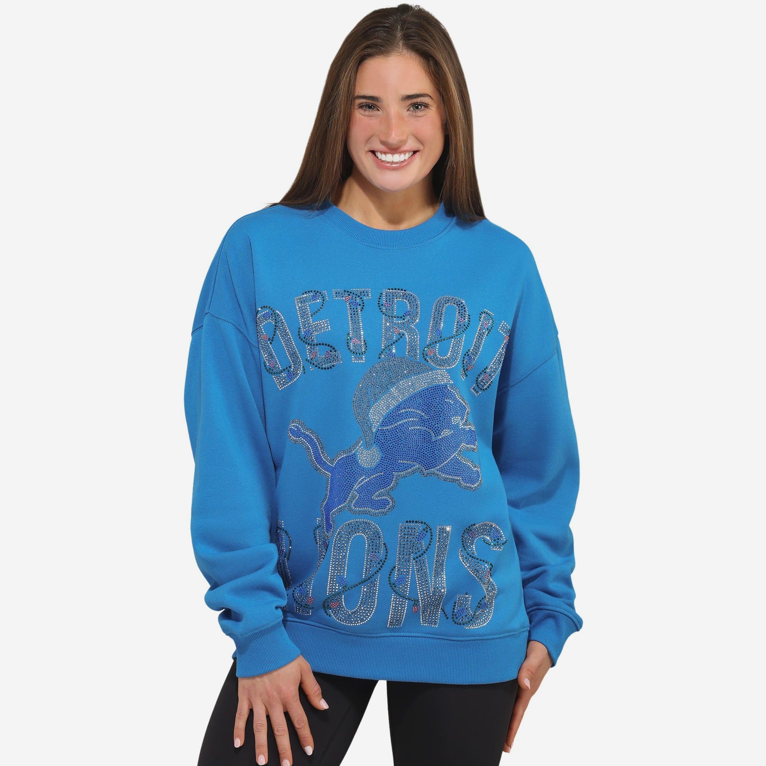 Detroit Lions Sweat-shirt surdimensionné à col rond pour femme avec logo strass