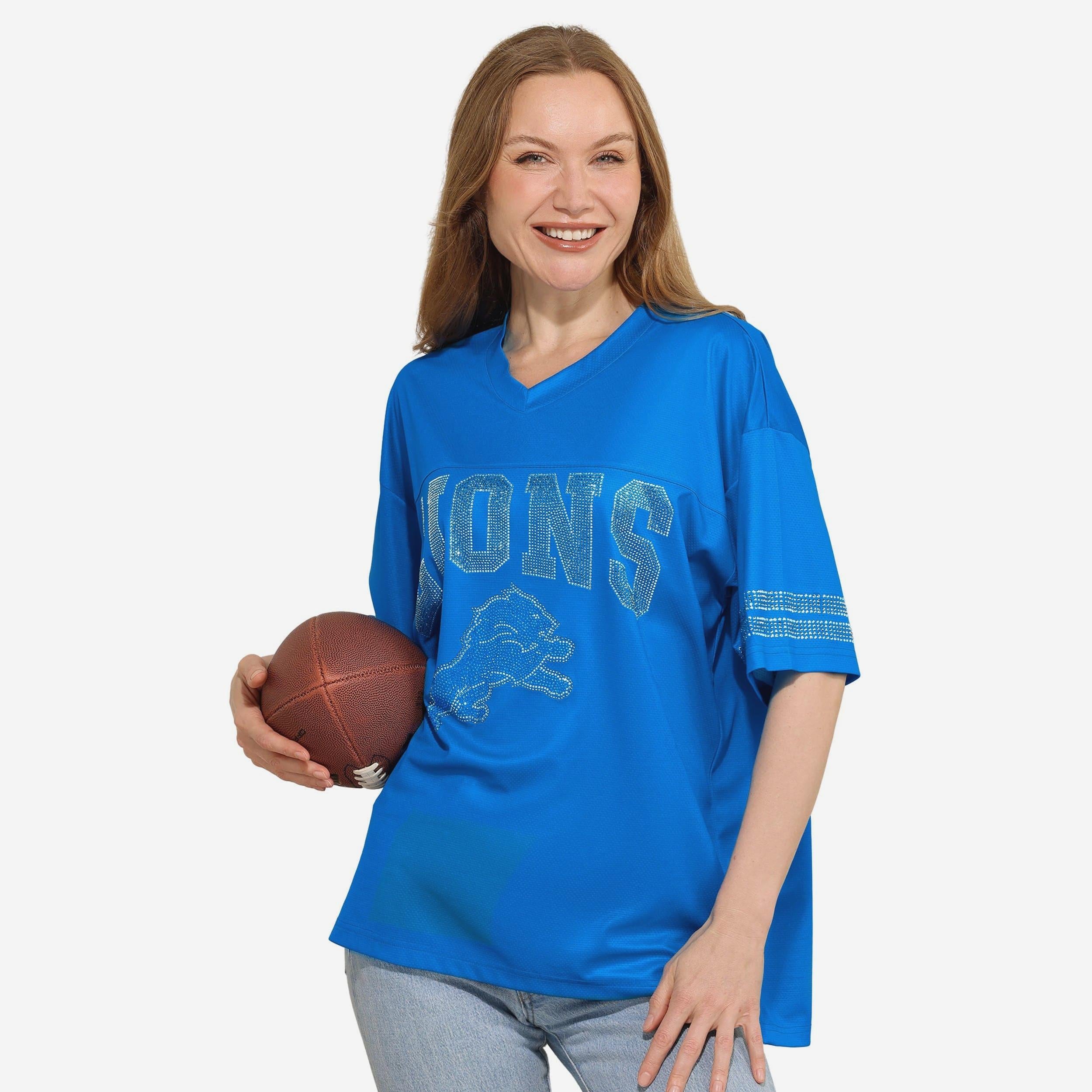 Detroit Lions T-shirt surdimensionné en maille à col en V avec logo strass pour femme