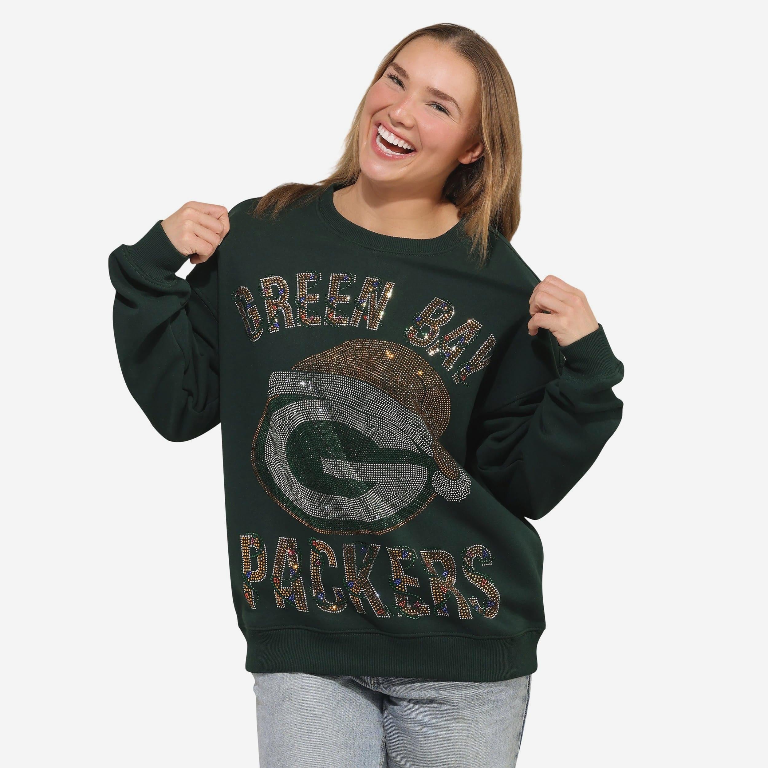 Green Bay Packers Sweat-shirt surdimensionné à col rond pour femme avec logo strass