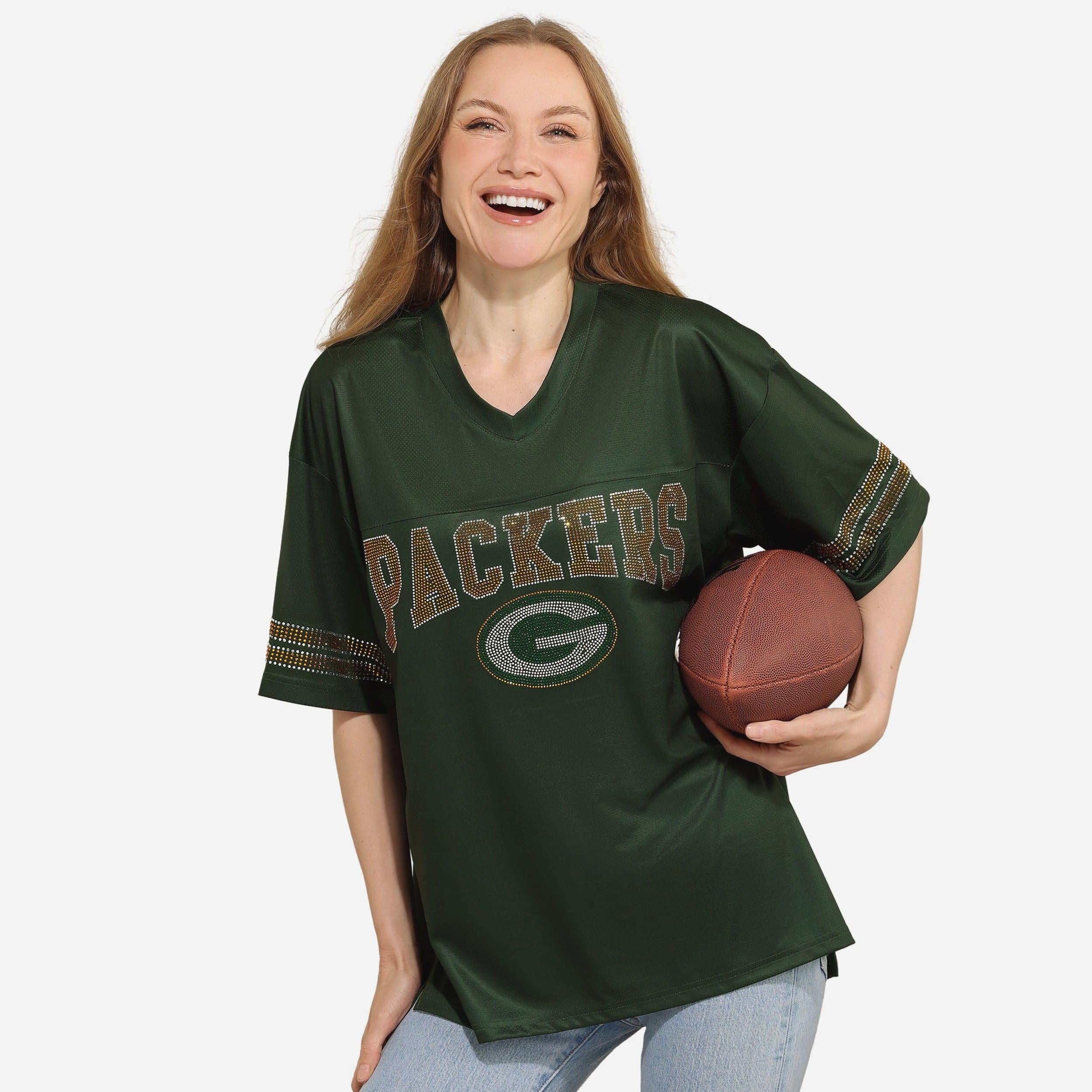 Green Bay Packers T-shirt surdimensionné en maille à col en V avec logo strass pour femme