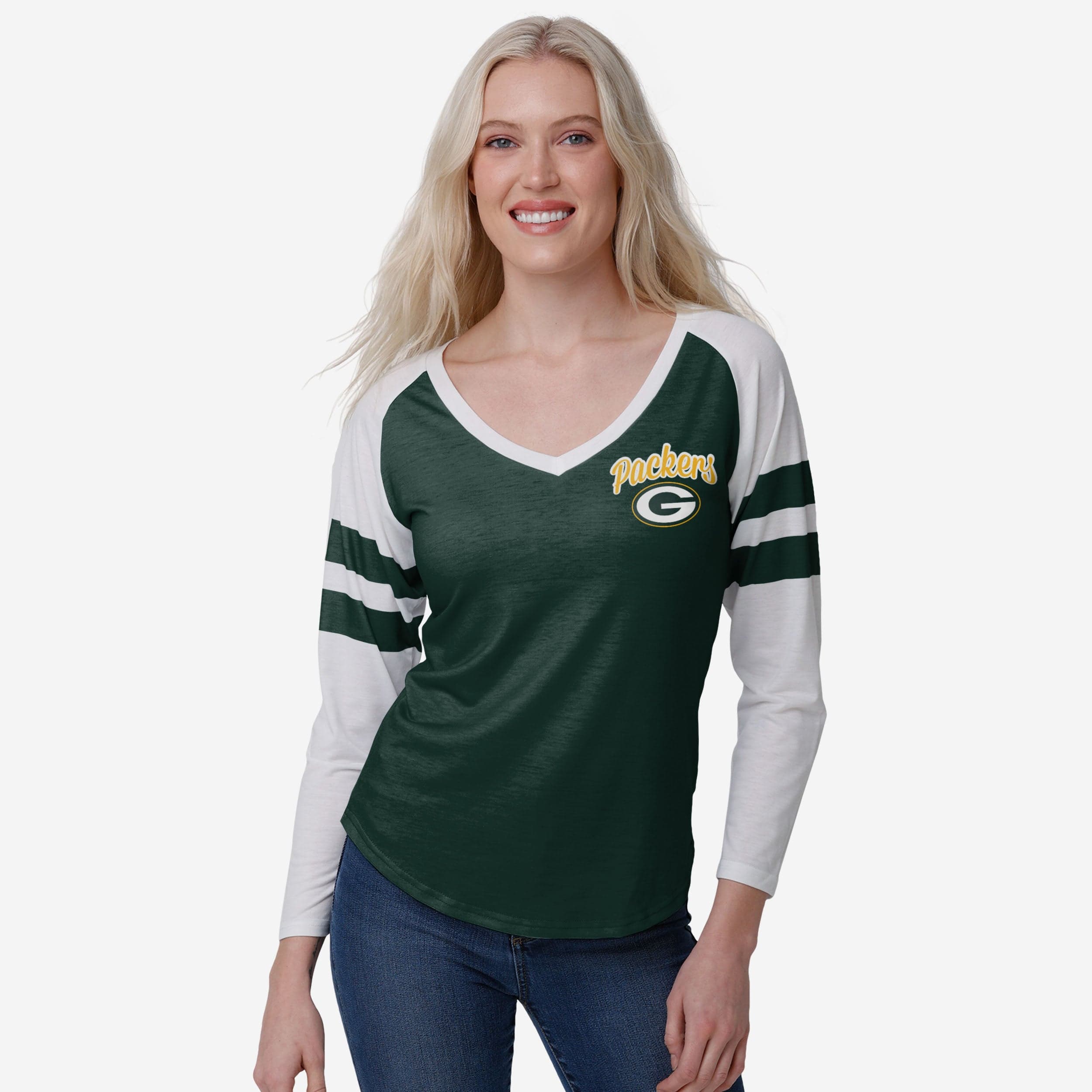 Green Bay Packers T-shirt raglan à manches rayées avec mot-symbole pour femme