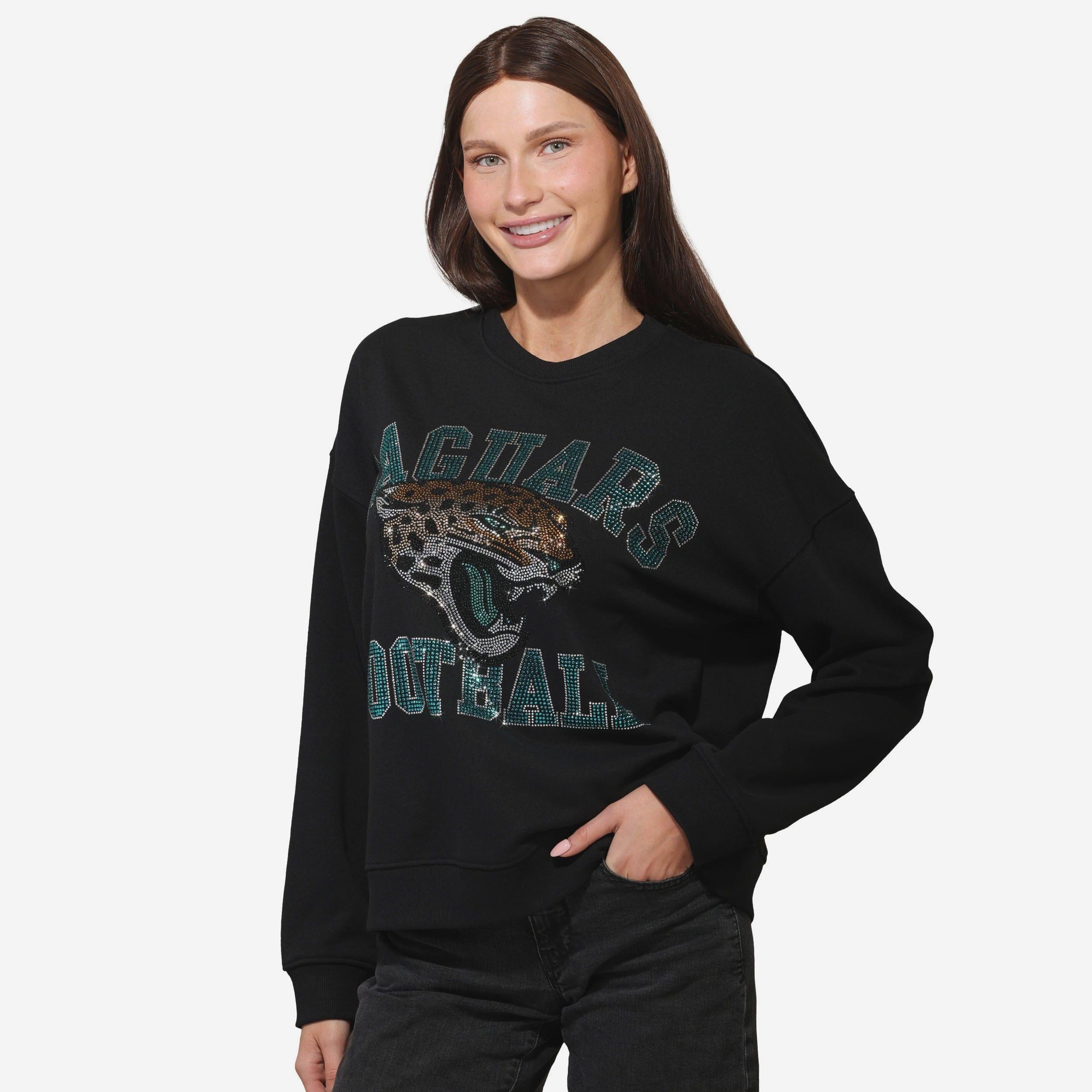 Jacksonville Jaguars Sweat-shirt surdimensionné à col rond avec logo strass pour femme