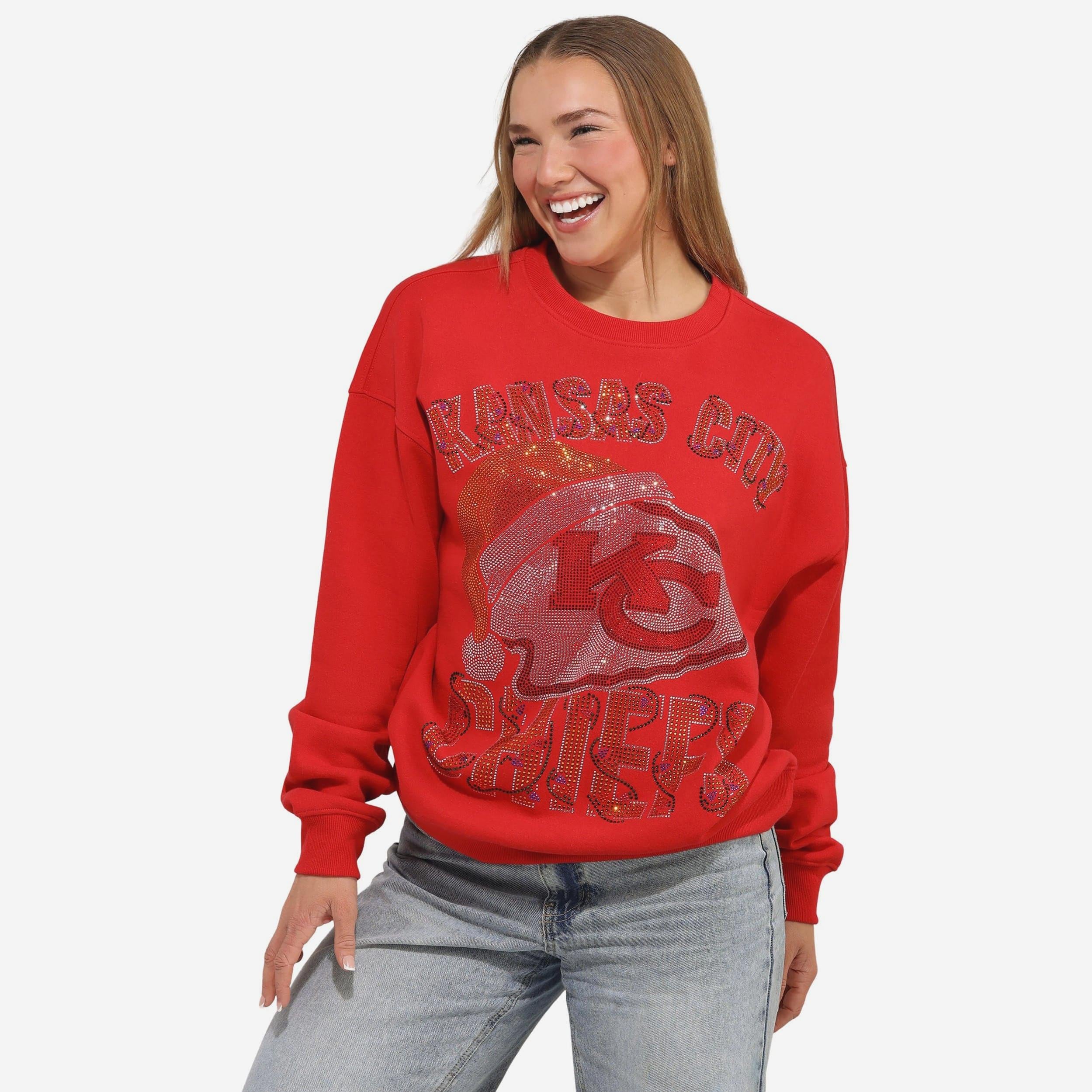 Kansas City Chiefs Sweat-shirt surdimensionné à col rond pour femme avec logo strass