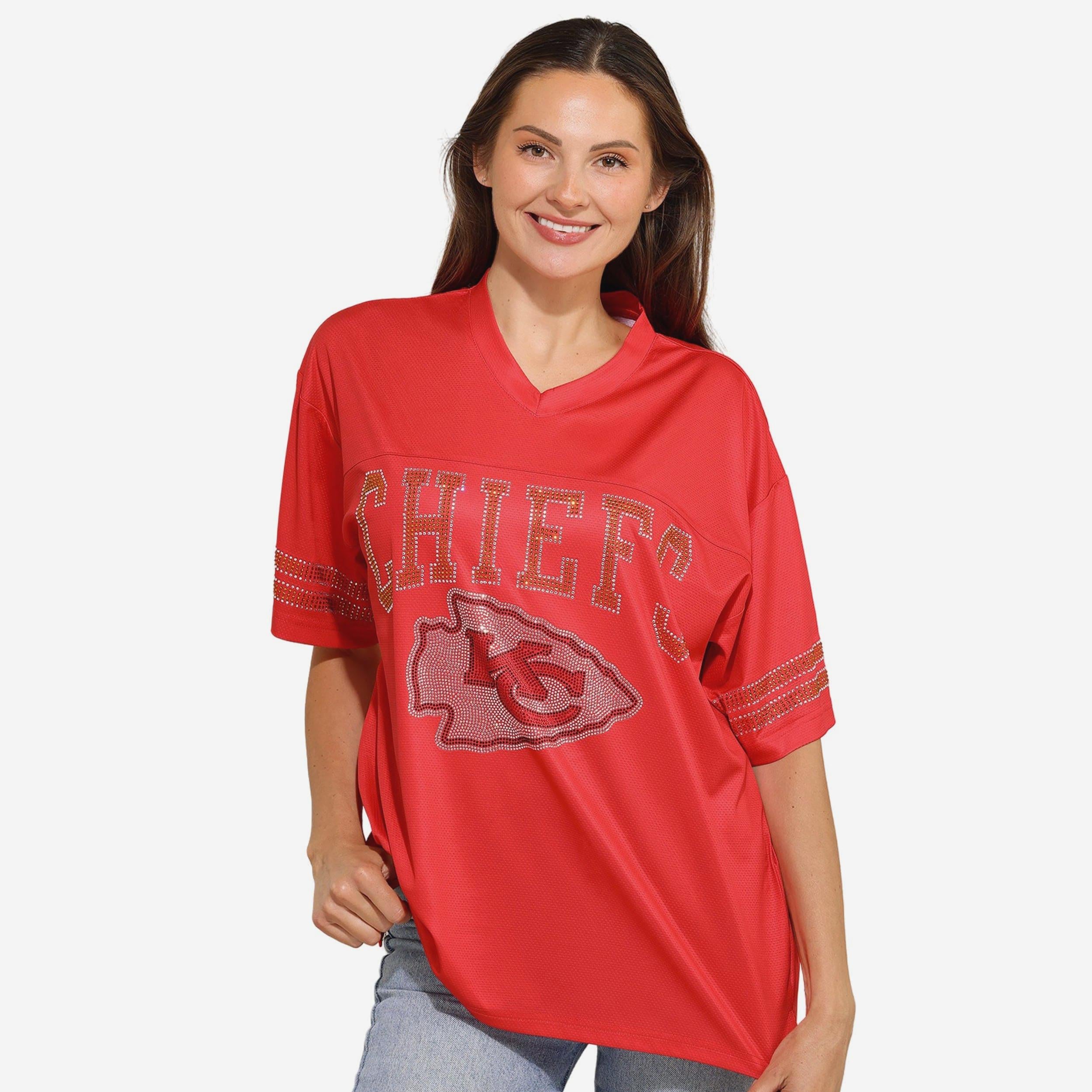 Kansas City Chiefs T-shirt surdimensionné en maille à col en V avec logo strass pour femme