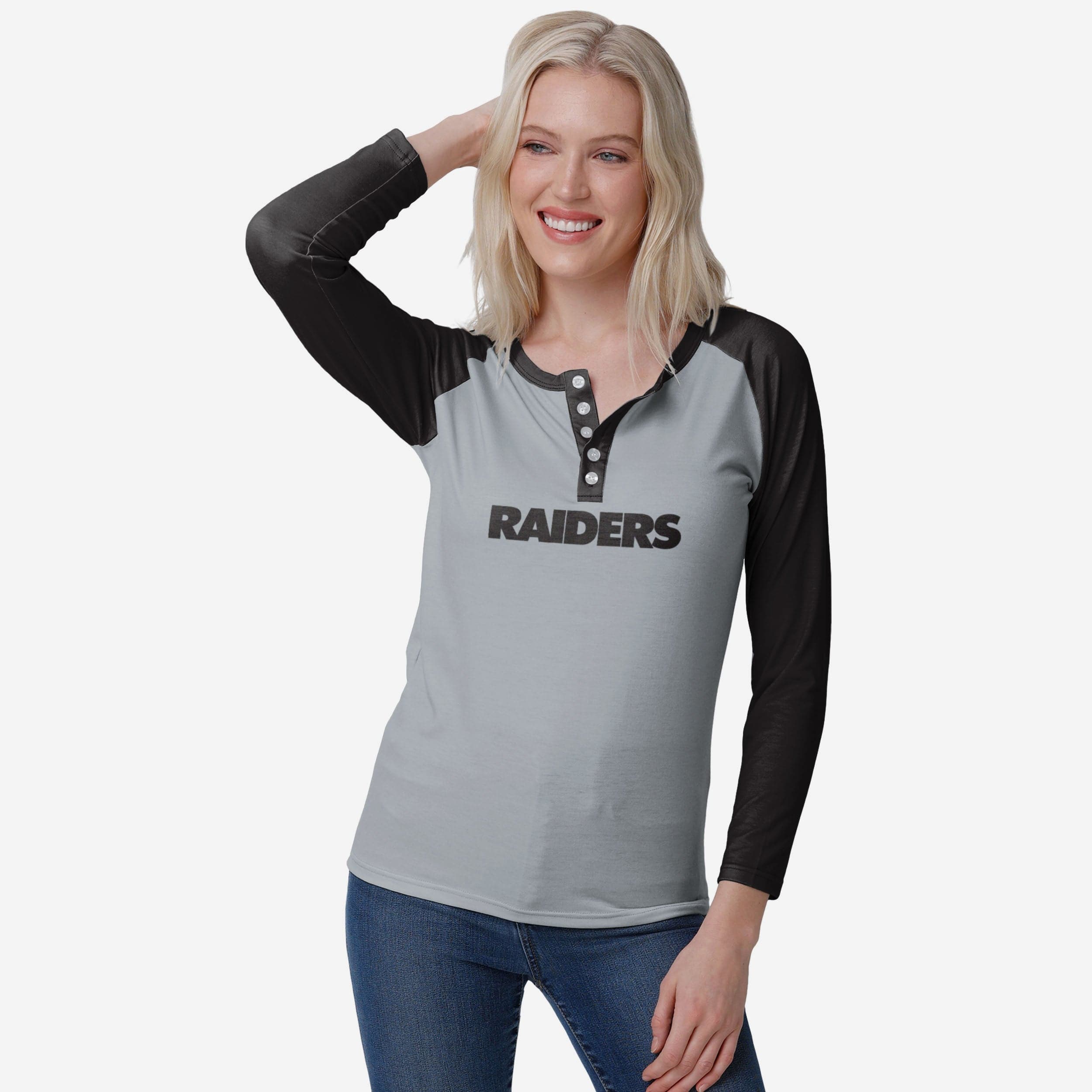Las Vegas Raiders Henley à manches longues Big Wordmark pour femme