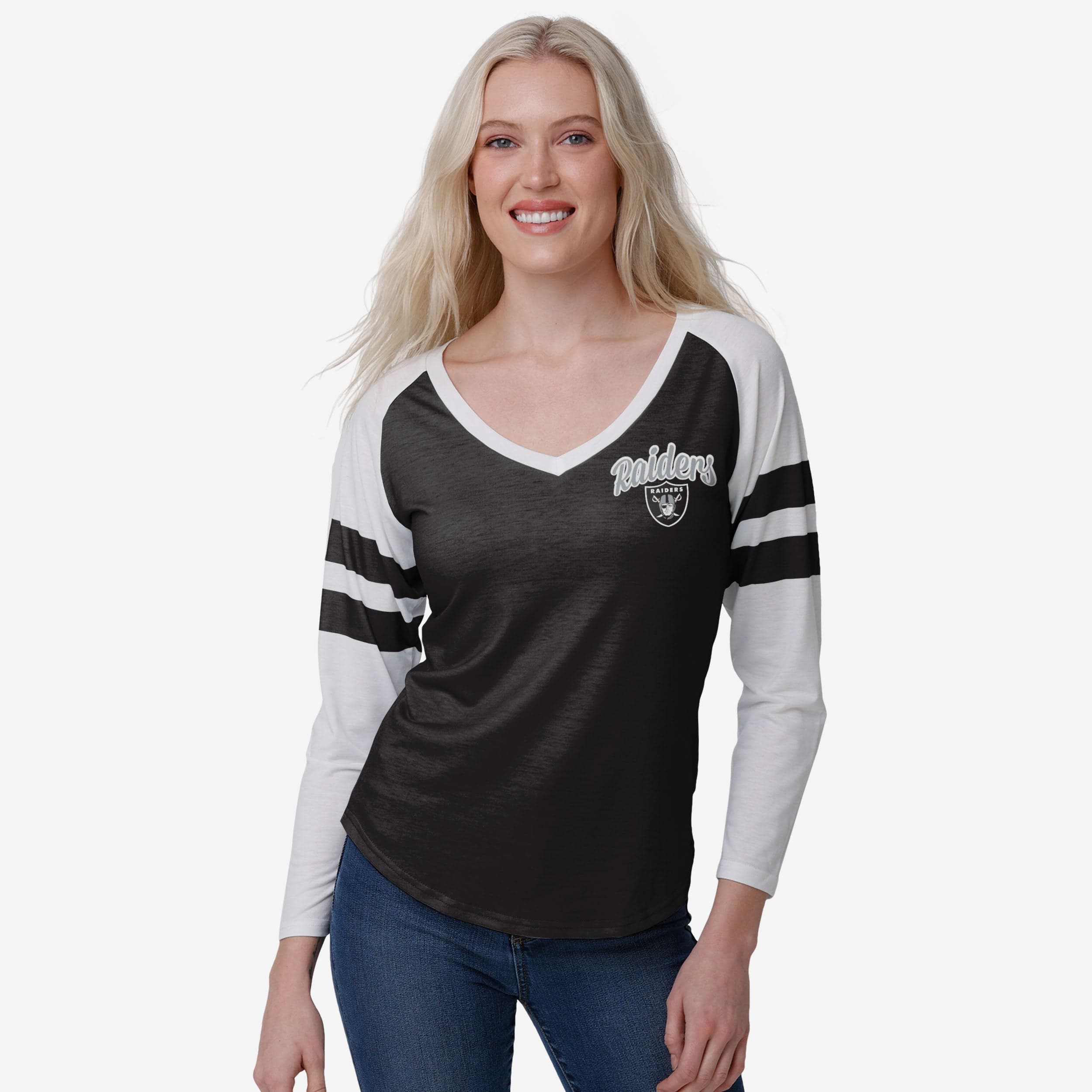 Las Vegas Raiders T-shirt raglan à manches rayées avec mot-symbole pour femme