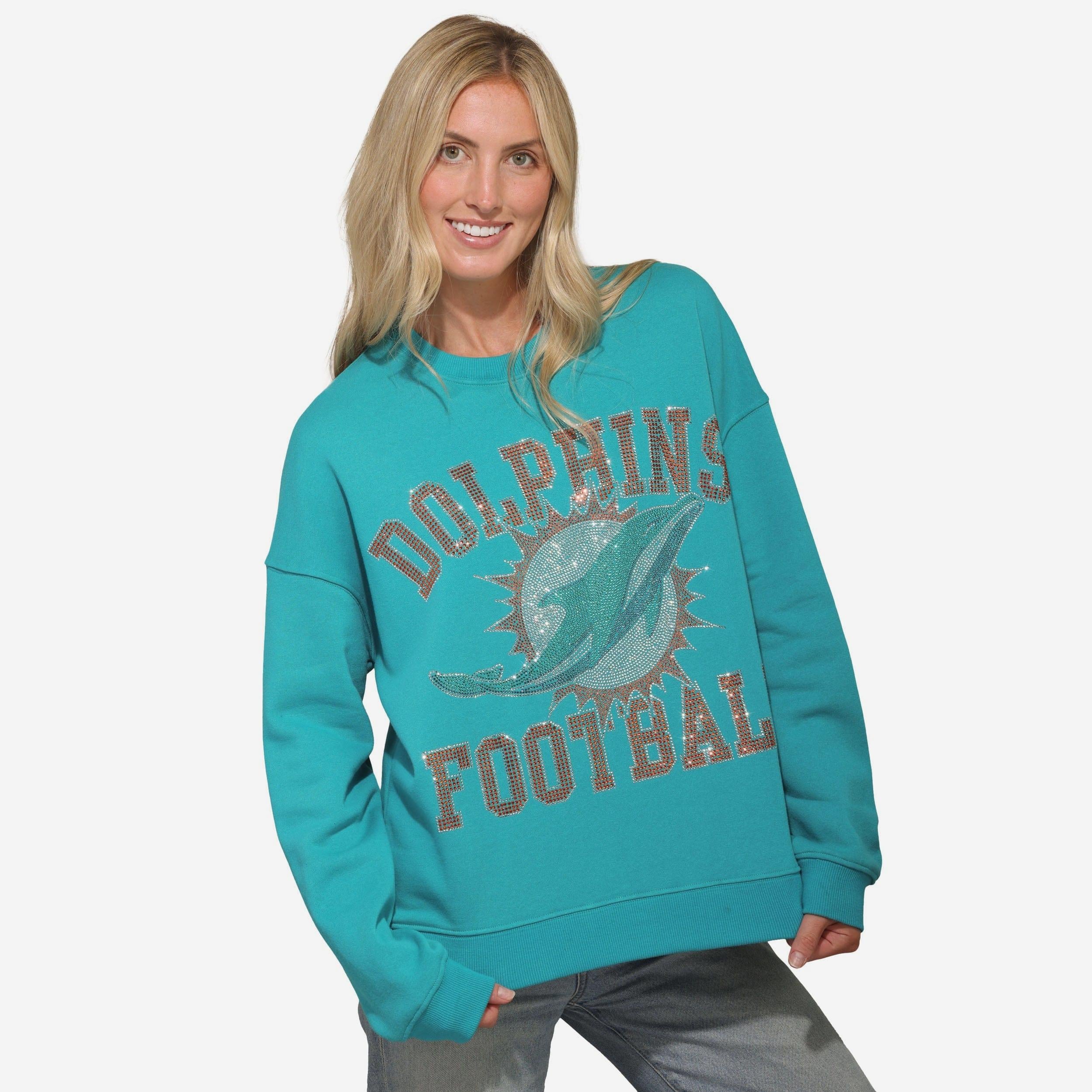 Miami Dolphins Sweat-shirt surdimensionné à col rond avec logo strass pour femme