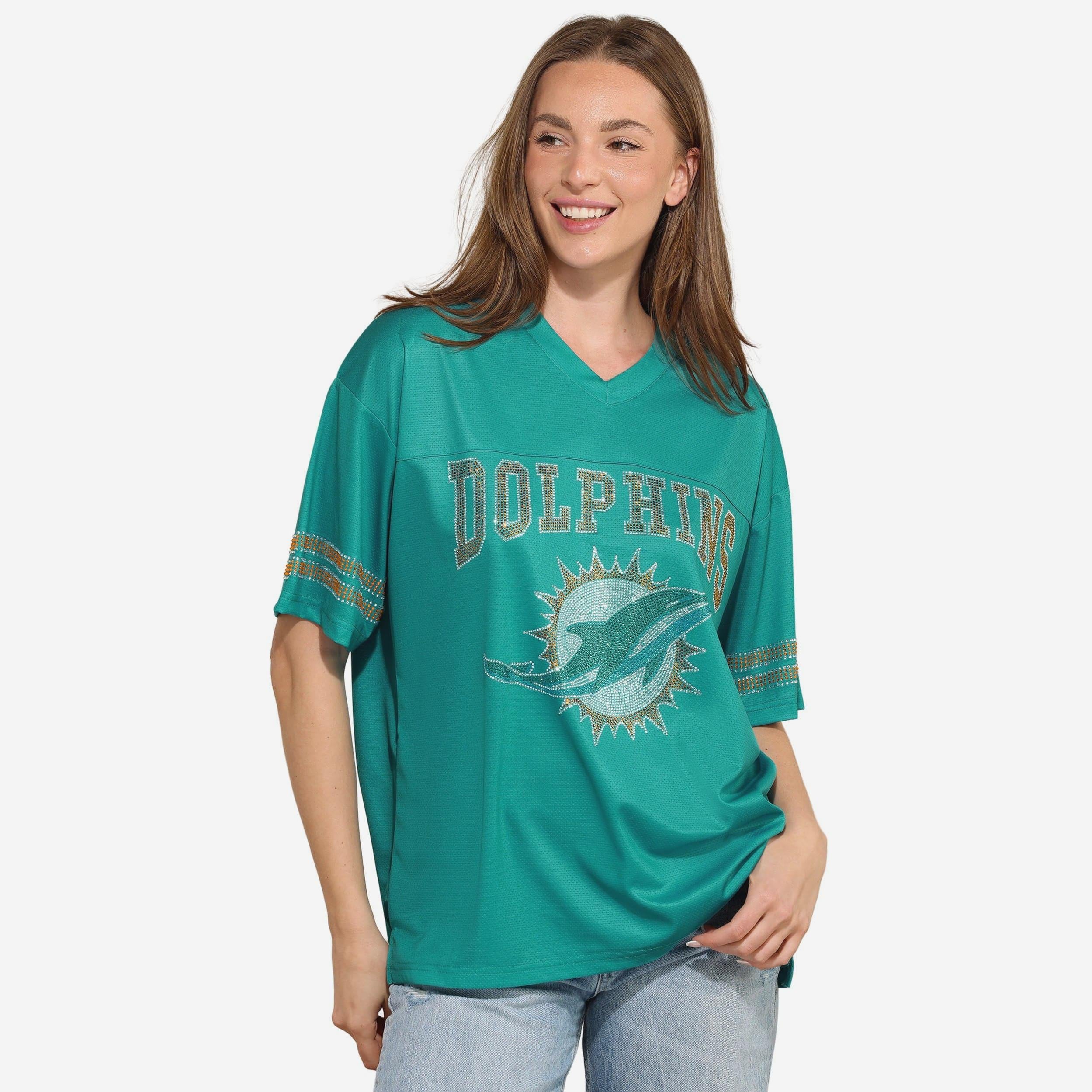 Miami Dolphins T-shirt surdimensionné en maille à col en V avec logo strass pour femme