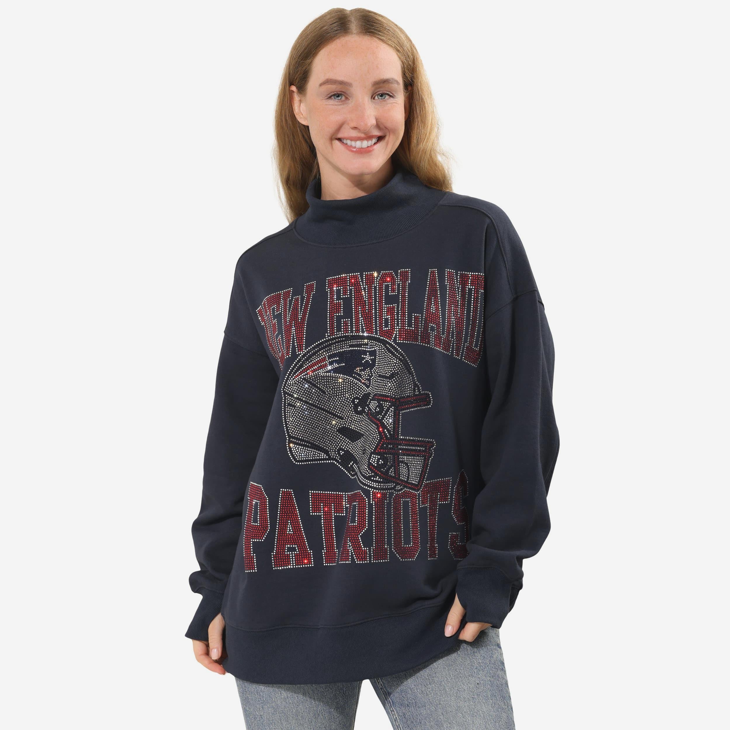 New England Patriots Sweat-shirt surdimensionné à col montant avec strass pour femme