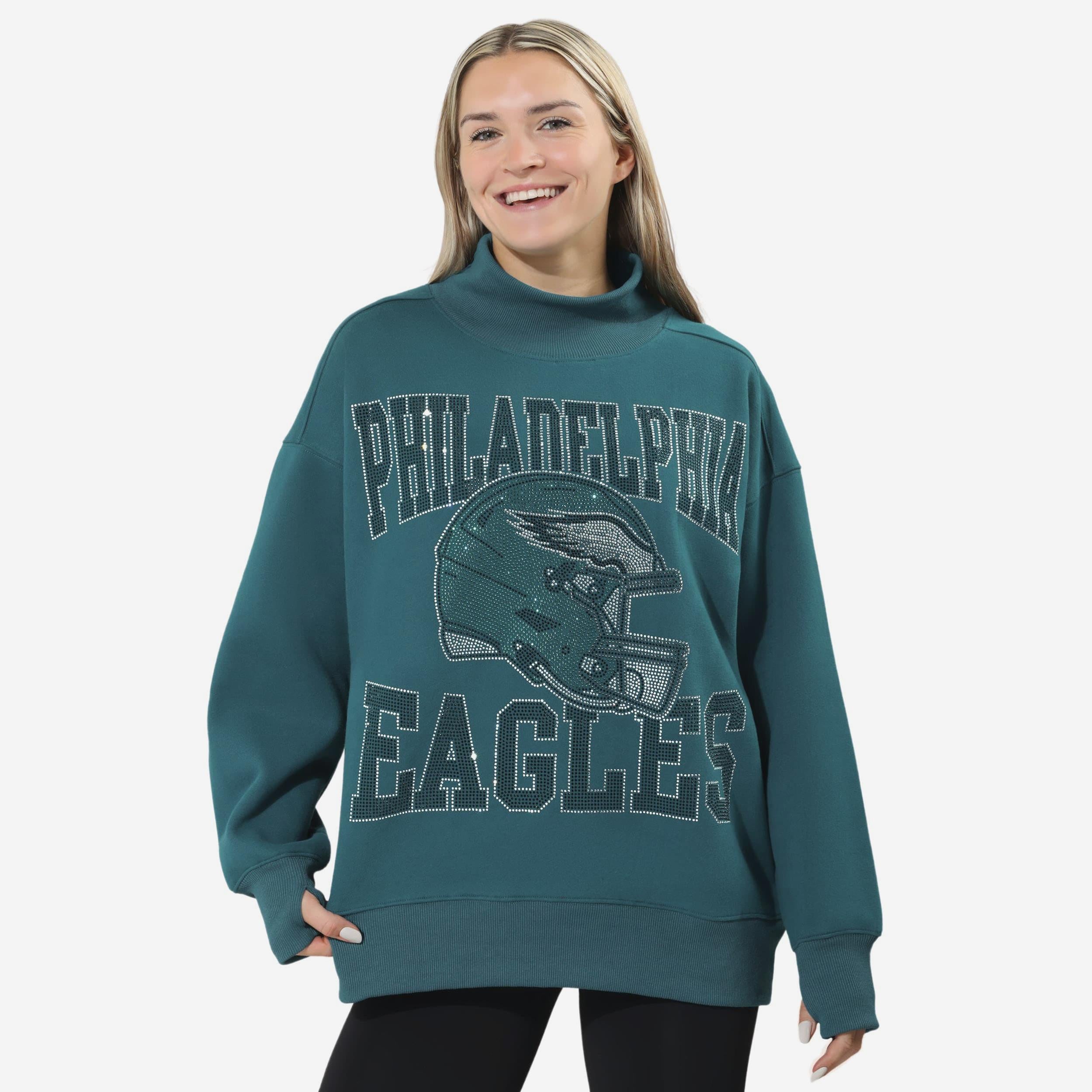 Philadelphia Eagles Sweat-shirt surdimensionné à col montant avec strass pour femme