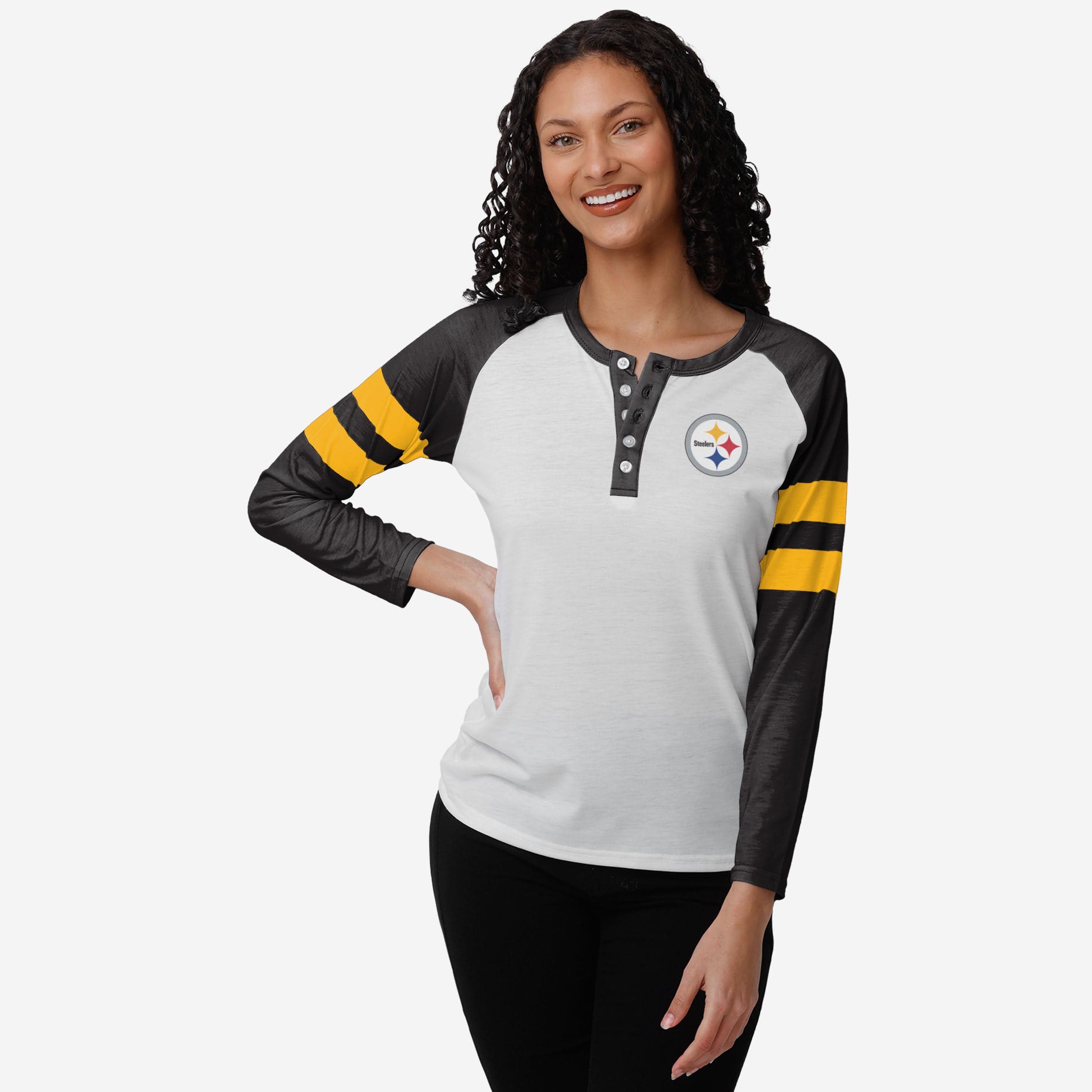 Pittsburgh Steelers Henley à manches longues avec grand logo pour femme