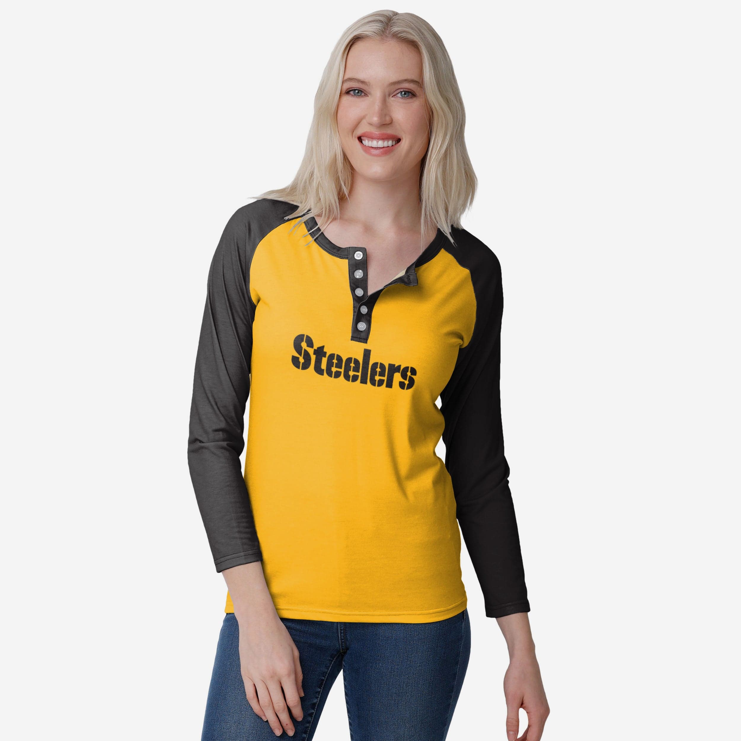 Pittsburgh Steelers Henley à manches longues Big Wordmark pour femme