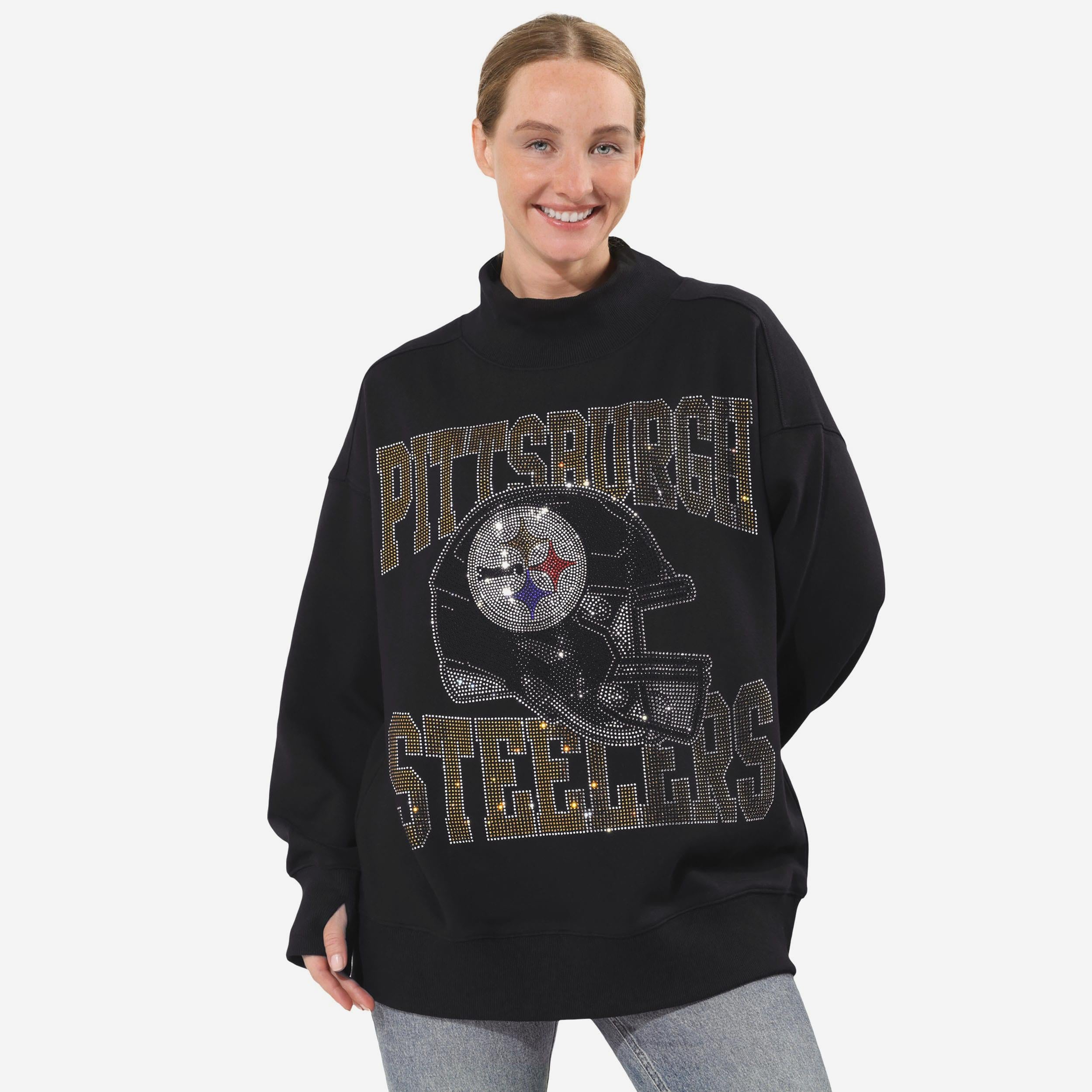 Pittsburgh Steelers Sweat-shirt surdimensionné à col montant avec strass pour femme