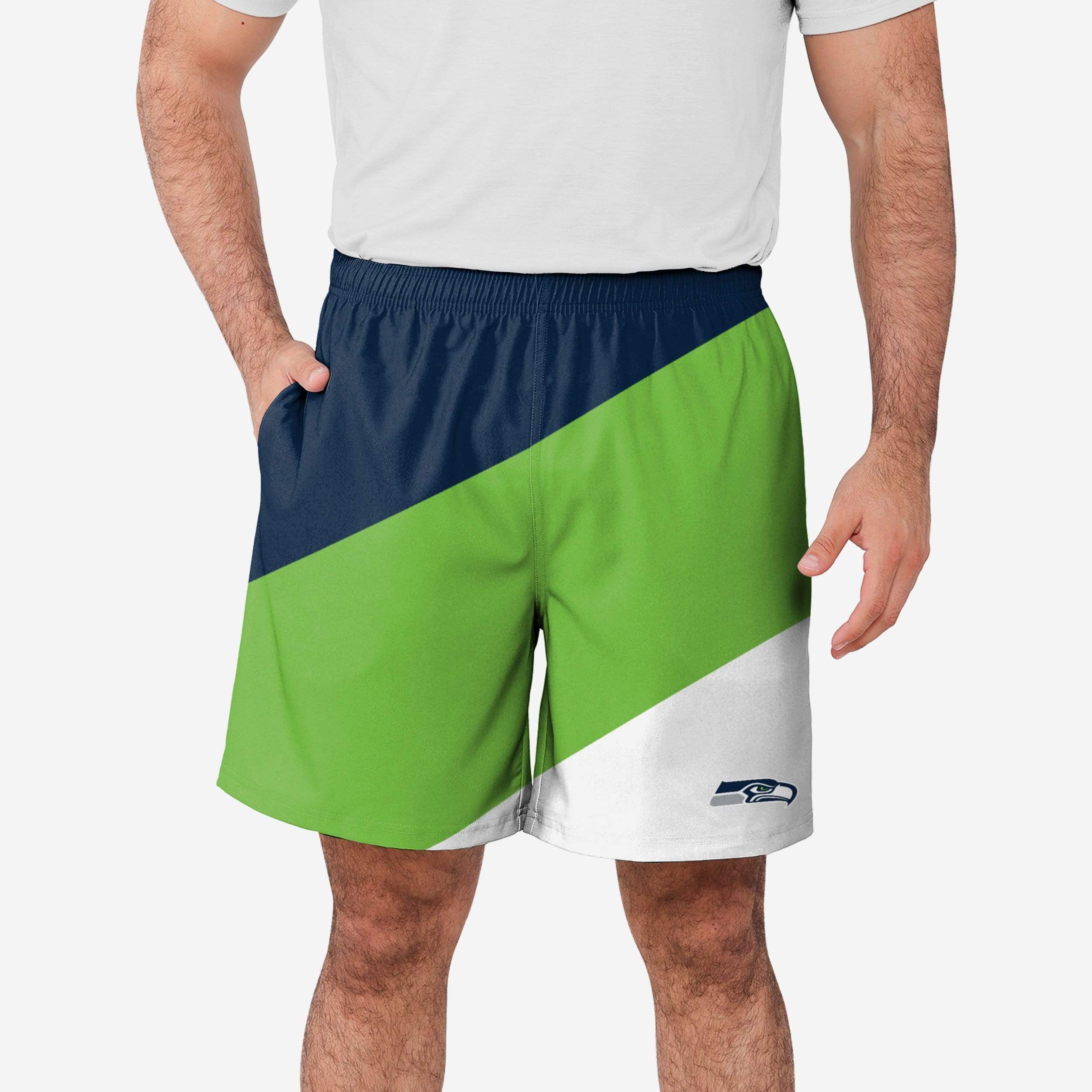 Seattle Seahawks Short d'entraînement à double doublure en duvet color block