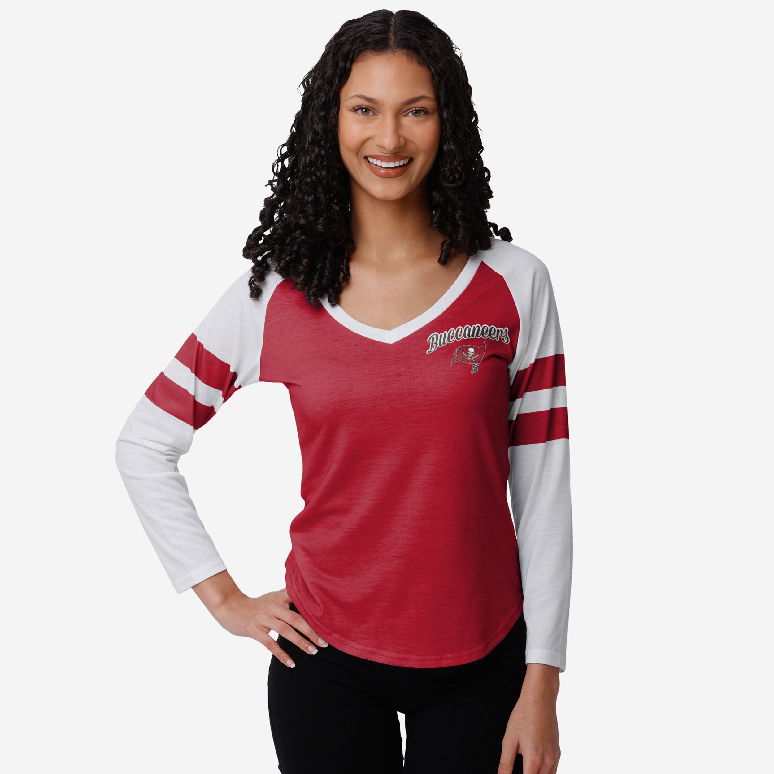 Tampa Bay Buccaneers T-shirt raglan à manches rayées avec mot-symbole pour femme