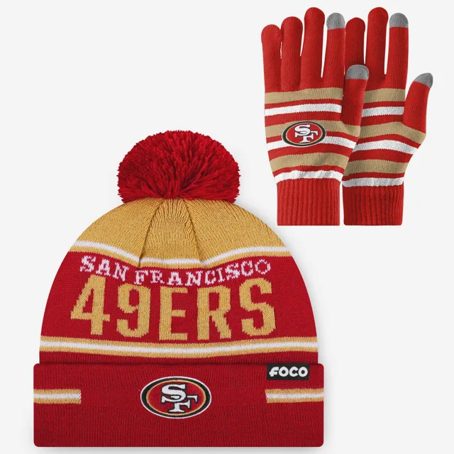 Ensemble de gants extensibles San Francisco 49ers et bonnet à pompon à rayures avec grand mot-symbole