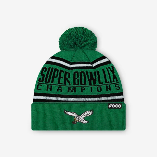 Philadelphia Eagles Super Bowl LIX Champions Kelly Green Retro Logo Stripe Pom Beanie