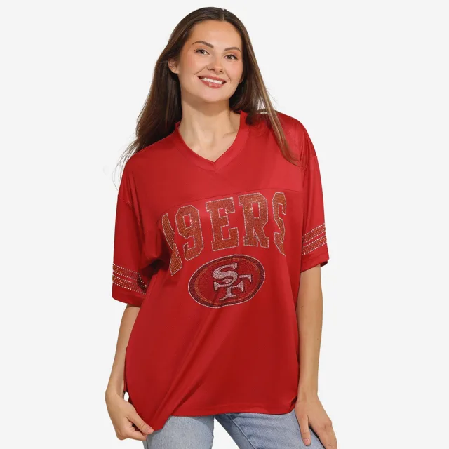 San Francisco 49ers T-shirt surdimensionné en maille à col en V avec logo strass pour femme