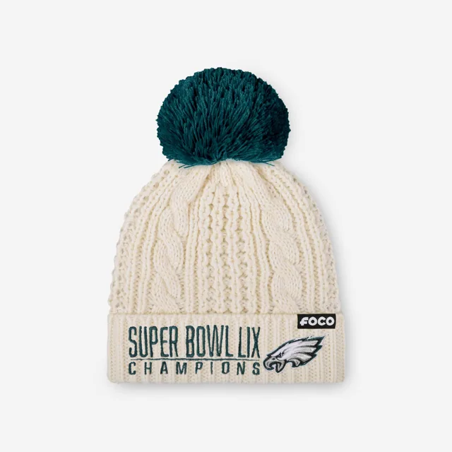 Philadelphia Eagles Super Bowl LIX Champions Logo principal Bonnet à pompon en tricot torsadé blanc
