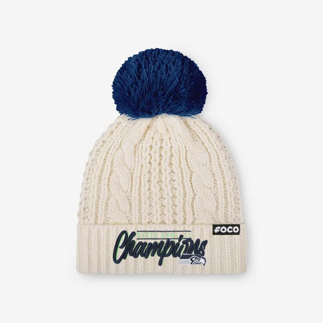 Seattle Seahawks Super Bowl LX Champions Logo principal Bonnet à pompon en tricot torsadé blanc