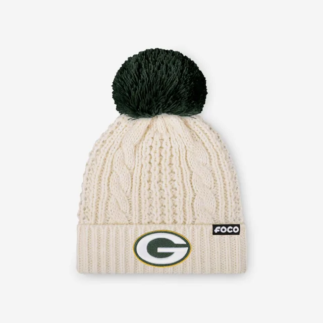 Green Bay Packers Bonnet à pompon en tricot torsadé blanc avec logo principal pour femme