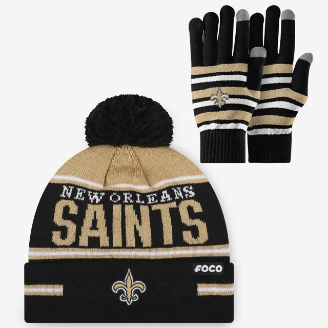 Ensemble de gants extensibles New Orleans Saints et bonnet à pompon à rayures avec grand mot-symbole