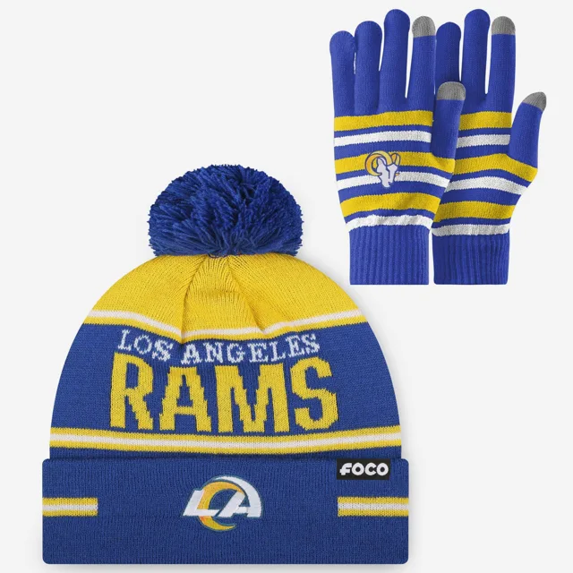 Ensemble de gants extensibles Los Angeles Rams et bonnet à pompon à rayures avec grand mot-symbole