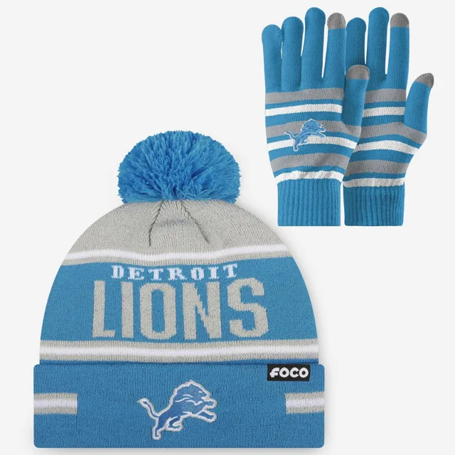 Ensemble de gants extensibles Detroit Lions et bonnet à pompon à rayures avec grand mot-symbole