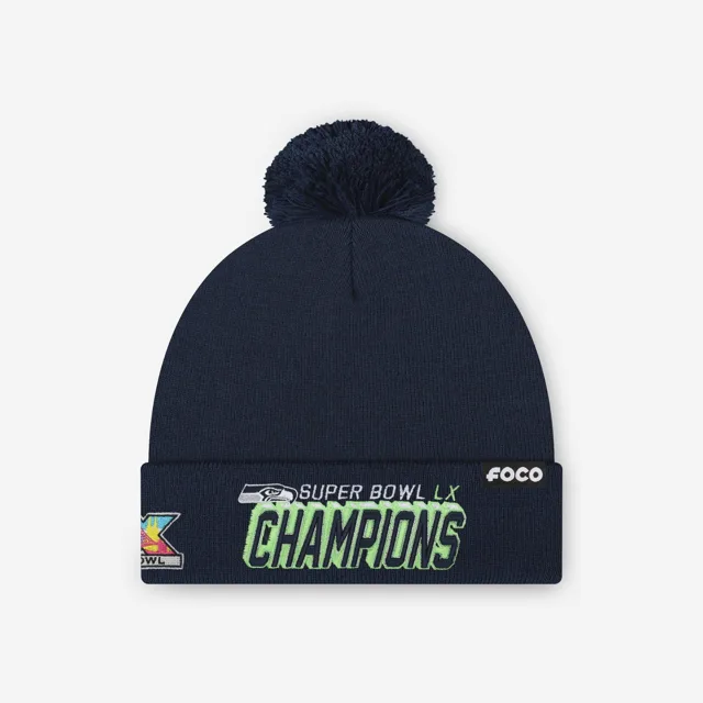 Seattle Seahawks Super Bowl LX Champions Basic Bonnet à pompon avec logo principal