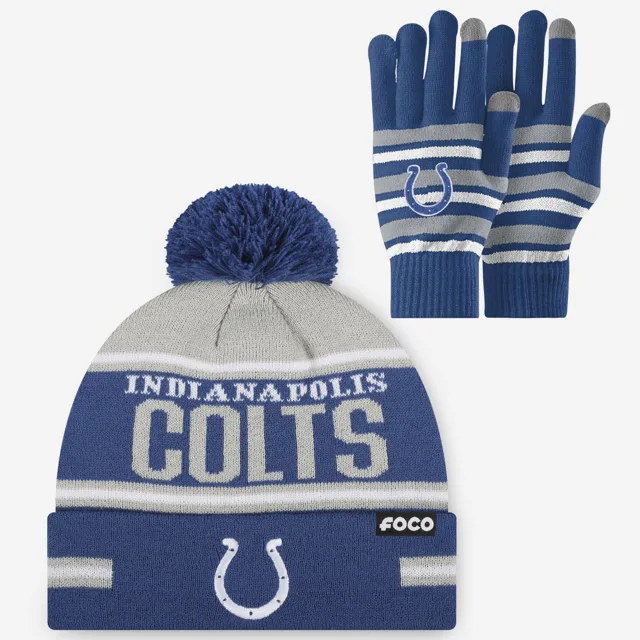 Ensemble de gants extensibles Indianapolis Colts et bonnet à pompon à rayures avec grand mot-symbole