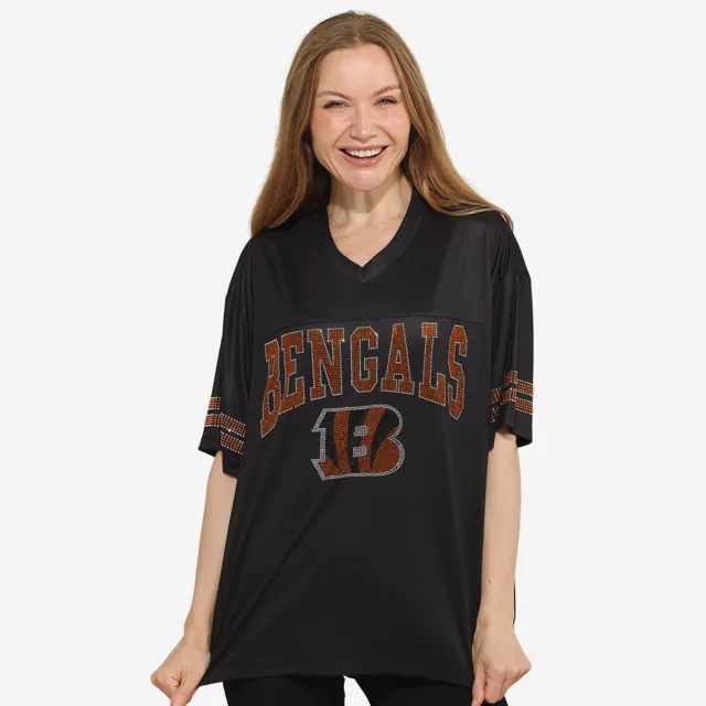 Cincinnati Bengals T-shirt surdimensionné en maille à col en V avec logo strass pour femme