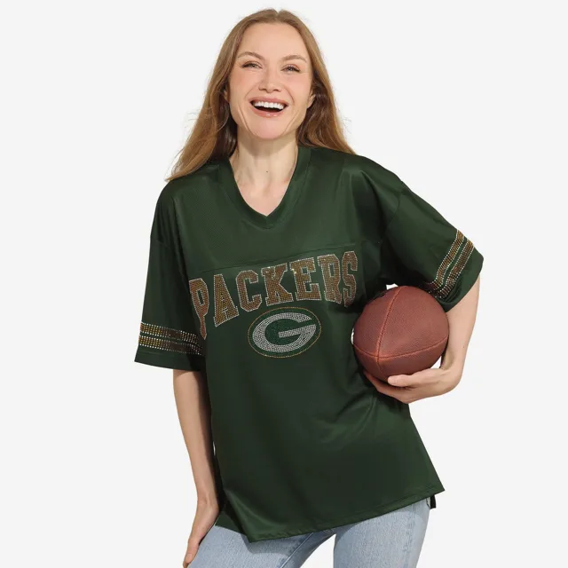 Green Bay Packers T-shirt surdimensionné en maille à col en V avec logo strass pour femme
