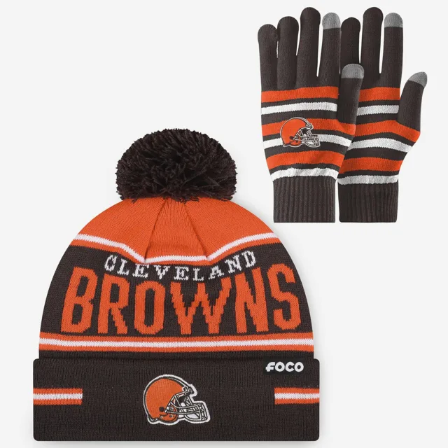 Ensemble de gants extensibles Cleveland Browns et bonnet à pompon à rayures avec grand mot-symbole