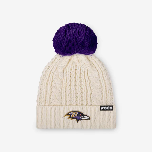 Baltimore Ravens Bonnet à pompon en tricot torsadé blanc avec logo principal pour femme