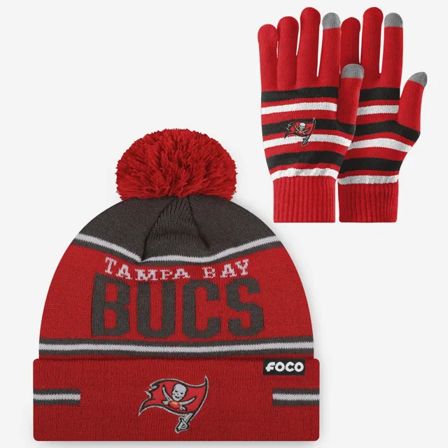 Ensemble de gants extensibles Tampa Bay Buccaneers et bonnet à pompon à rayures avec grand mot-symbole