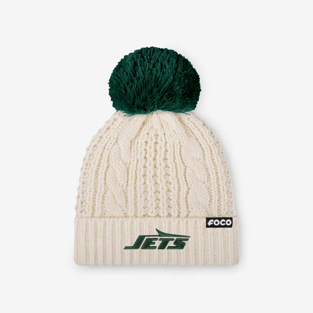 New York Jets Bonnet à pompon en tricot torsadé blanc avec logo principal pour femme