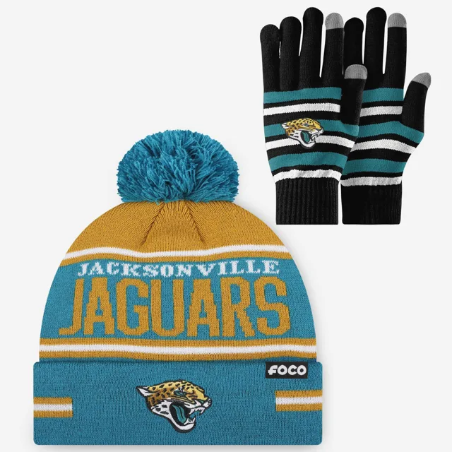Ensemble de gants extensibles Jacksonville Jaguars et bonnet à pompon à rayures avec grand mot-symbole
