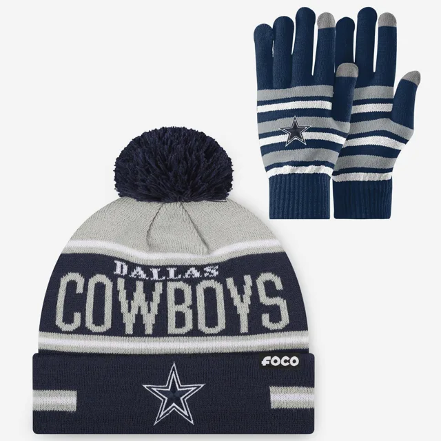 Ensemble de gants extensibles Dallas Cowboys et bonnet à pompon à rayures avec grand mot-symbole