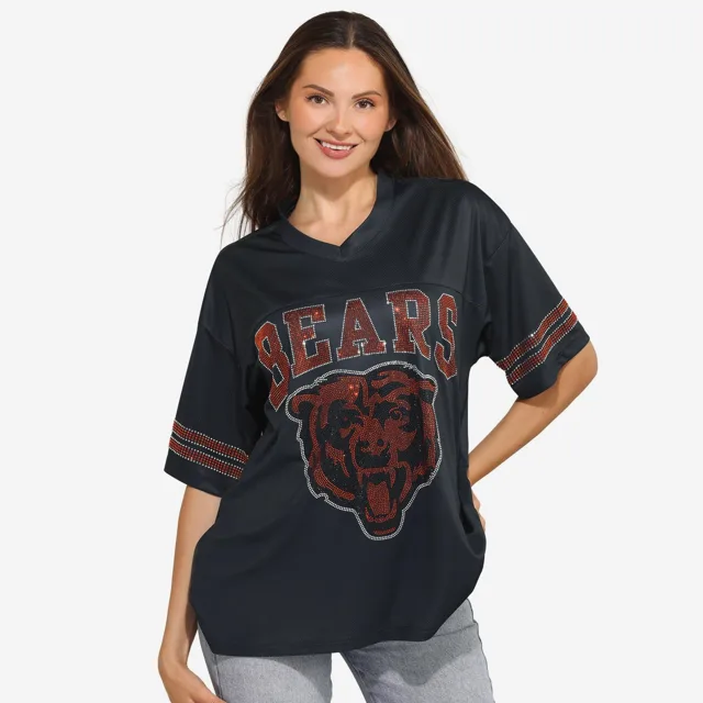 Chicago Bears T-shirt surdimensionné en maille à col en V avec logo strass pour femme