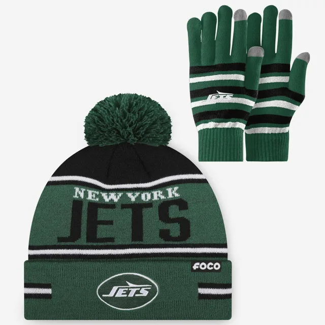 Ensemble de gants extensibles New York Jets et bonnet à pompon à rayures avec grand mot-symbole