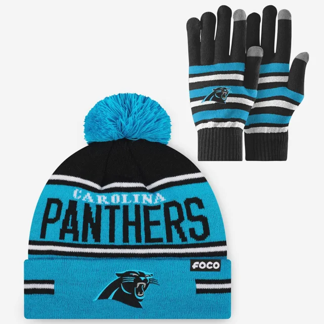 Ensemble de gants extensibles Carolina Panthers et bonnet à pompon à rayures avec grand mot-symbole