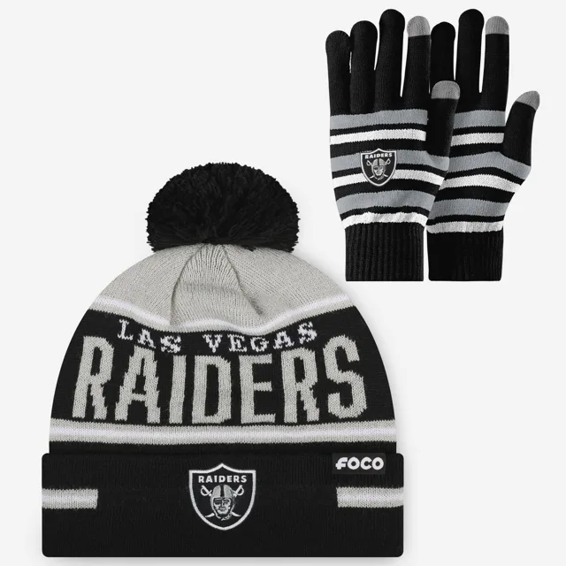 Ensemble de gants extensibles Las Vegas Raiders et bonnet à pompon à rayures avec grand mot-symbole