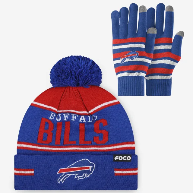 Ensemble de gants extensibles Buffalo Bills et bonnet à pompon à rayures avec grand mot-symbole