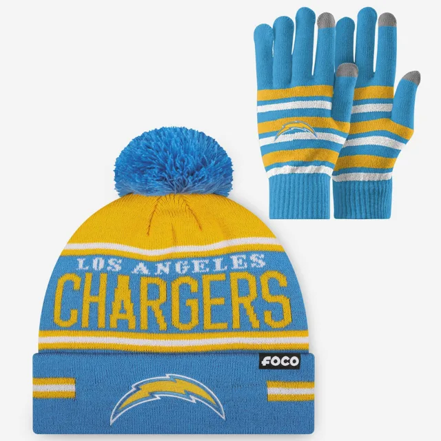 Ensemble de gants extensibles Los Angeles Chargers et bonnet à pompon à rayures avec grand mot-symbole