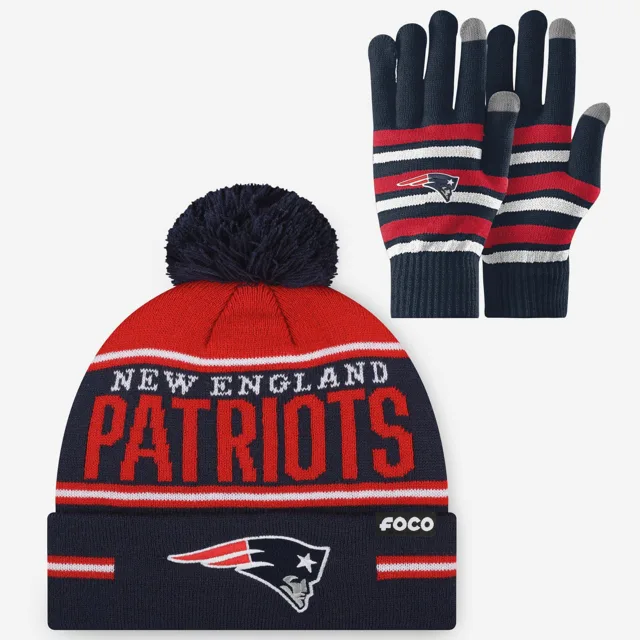 Ensemble de gants extensibles New England Patriots et bonnet à pompon à rayures avec grand mot-symbole