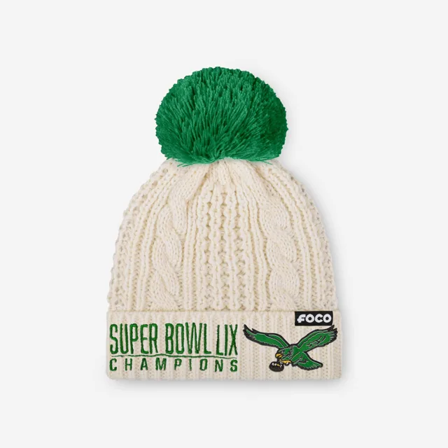 Philadelphia Eagles Super Bowl LIX Champions Logo rétro Bonnet à pompon en tricot torsadé blanc